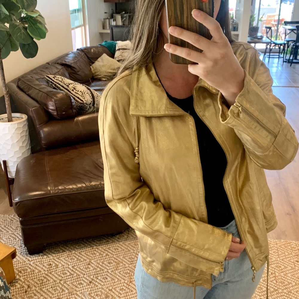 St. John 100% Lamb Leather Gold Metallic Bomber Jacket M